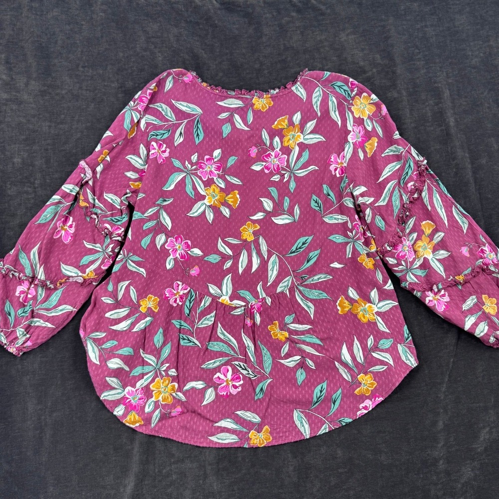 Democracy Womens 1X Beet Red Floral Boho Flowy Peasant Puff Ruffle Sleeve V-Neck - Picture 7 of 11